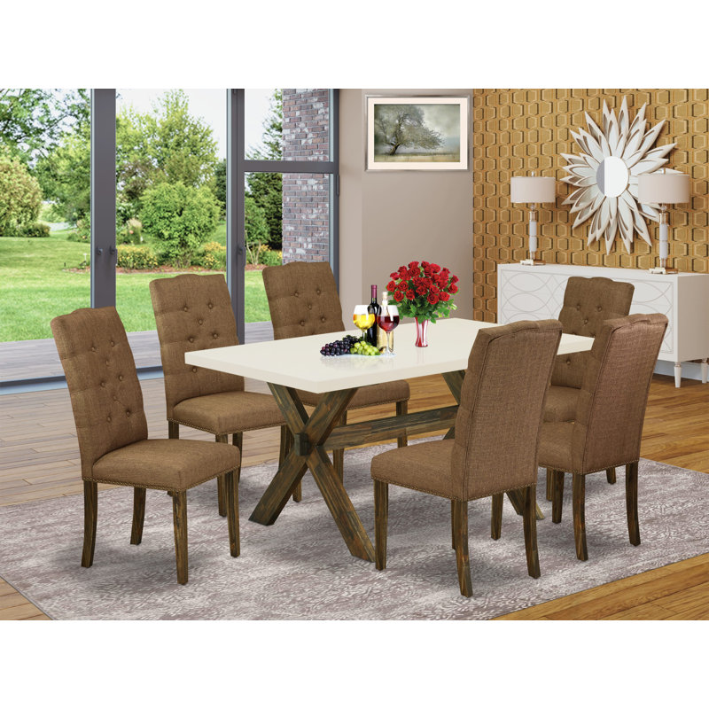 7 Piece Dining Set Consist of a Rectangle Dining Room Table with X-Legs and 6 Brown Linen Fabric Upholstered Chairs, Distressed Jacobean Finish