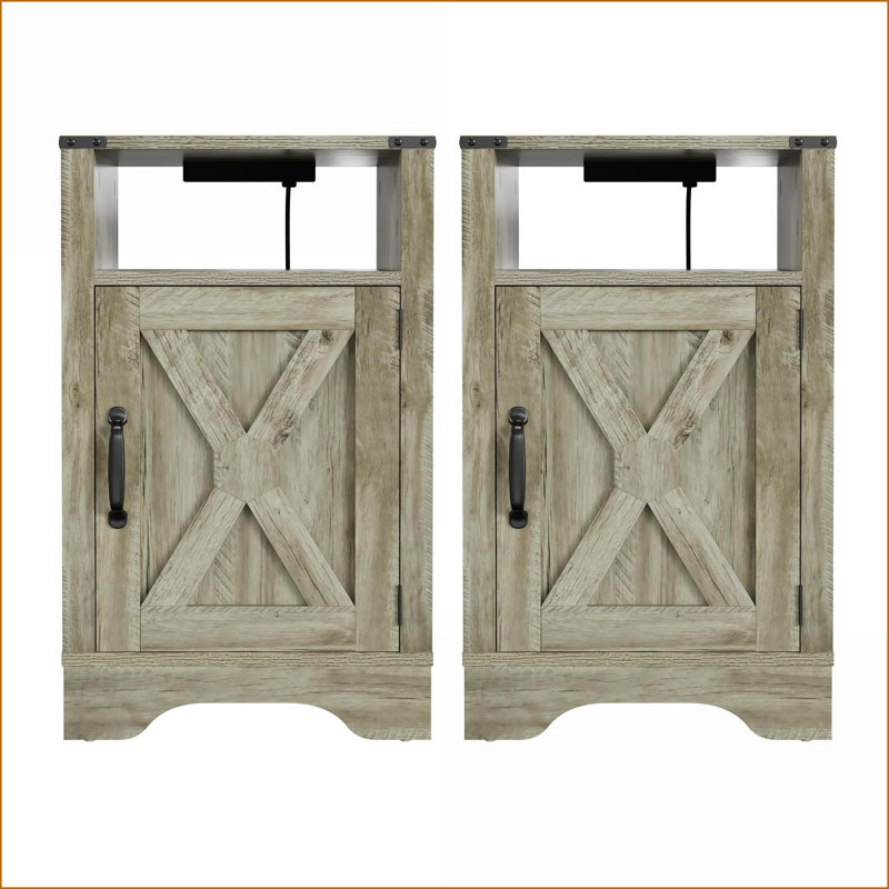 Farmhouse Rustic Nightstand with Charging Station, Light Gray (2 Sets), Light Gray