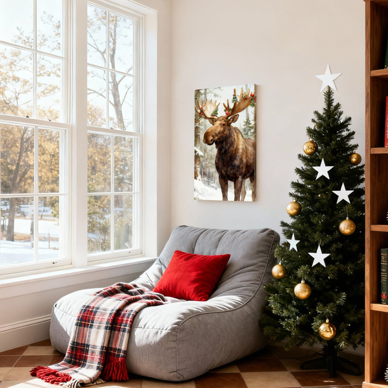 Orignal de Noël avec décorations de Noël dans la forêt enneigée, ensemble de 3 impressions sur toile, H 30 po x l 20 po