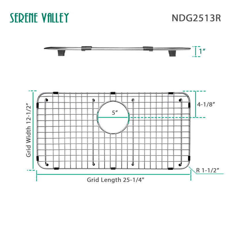 Grille d'évier en acier inoxydable robuste à drain arrière 25,24 po x 12,48 po