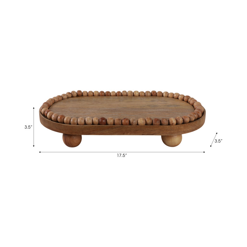 Mango Wood Decorative Tray with Beaded Border and Footed Base - Oval Casual Display Tray with Raised Wooden Feet for Elevated Styling and Functional Accent Serving or Organization Use