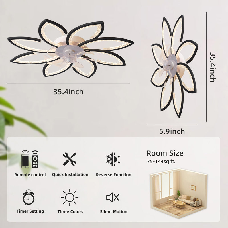Ventilateur de plafond 35,4 po avec lumières, télécommande 3 températures de couleur, ventilateur à 6 vitesses