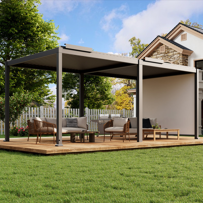 Pergola motorisée en aluminium à persiennes avec lumière DEL, écran électrique et capteur de pluie solaire, 10 pi x 20 pi