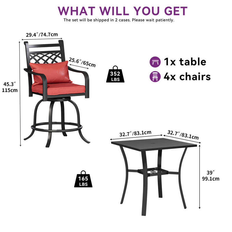Ensemble de salle à manger longue pour 4 personnes 32,7 po avec coussins Vauxhall, Rouge
