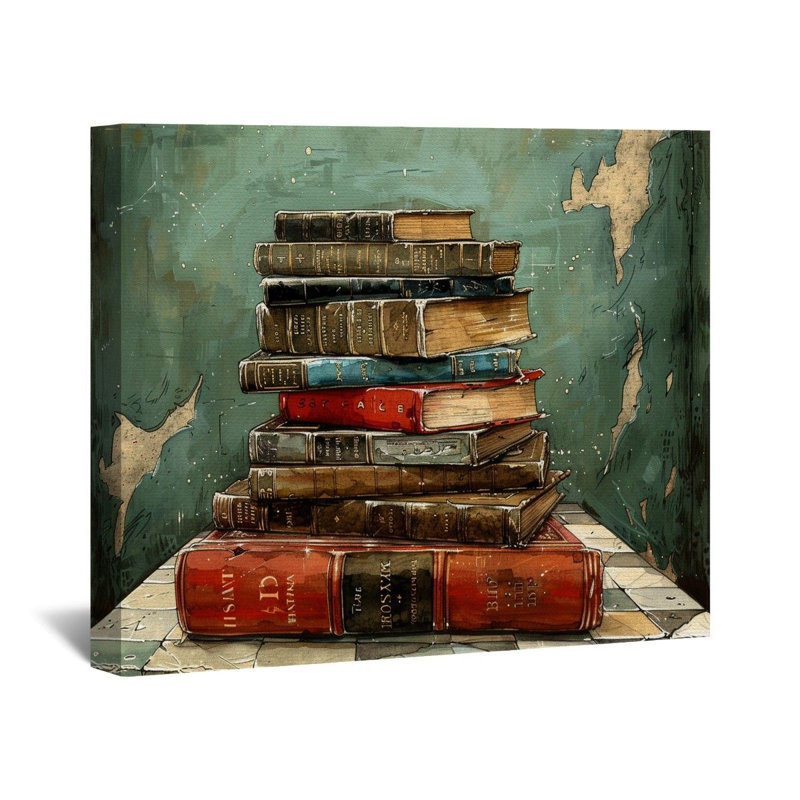 Livres empilés sur toile - Éducation, décoration murale, H 16 po x l 20 po