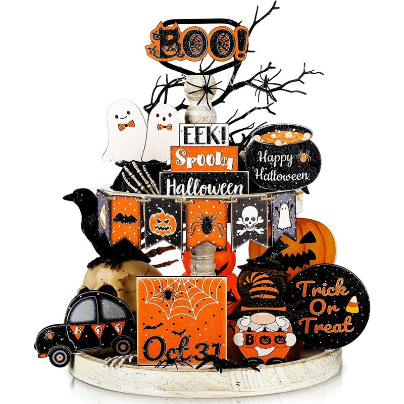 Ensemble de 15 décorations superposées pour l'Halloween – Panneaux en bois fantômes et noir/orange