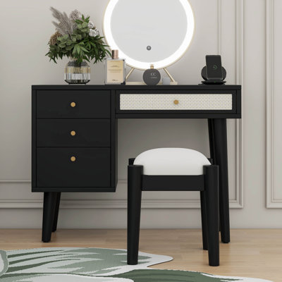Ensemble coiffeuse en bois de style rétro avec prise de recharge, ports USB et tabouret rembourré
