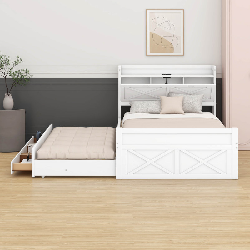 Lit en bois avec tête de lit (prises intégrées) - Conception extensible + lit gigogne simple et 3 tiroirs de rangement, Blanc