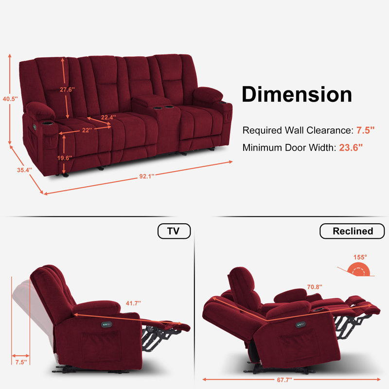Power Reclining Sofa with Heat and Massage, USB Ports, Cup Holders, 3-Seat Dual Recliner Sofa, Burgundy Polyester Blend