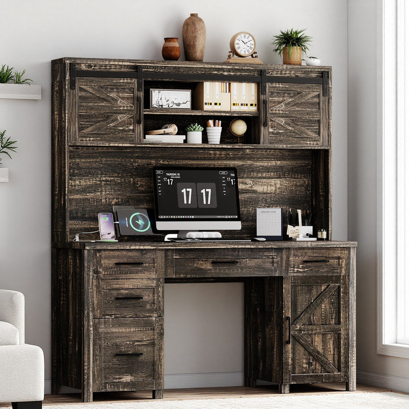 Bureau de direction rétro avec station de charge, huche et tiroirs Retro, Gris