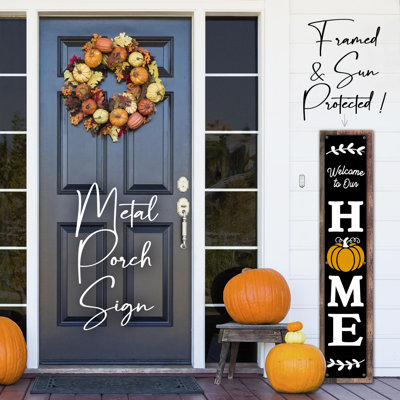 " Welcome To Our Home - Pumpkin - Framed Sun-Protected Metal Porch Sign, Fall Vertical Welcome Sign "