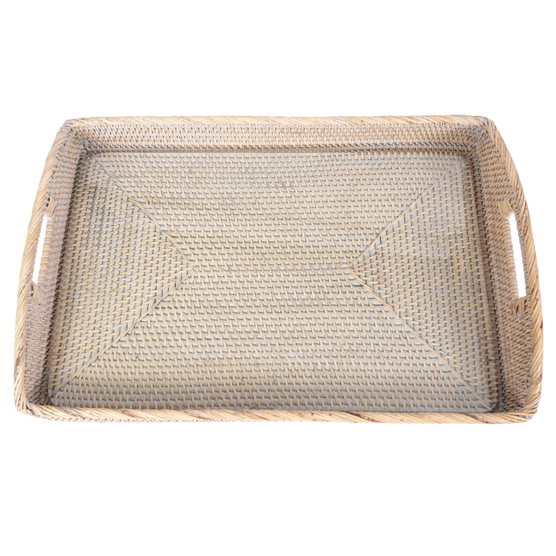 Plateau rectangulaire avec insert en verre, Blanc délavé, L 17 po x P 12 po x H 1 po
