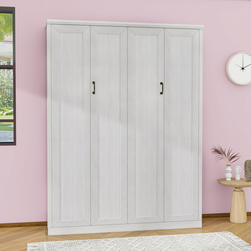 Grand lit escamotable peu encombrant avec système à deux pistons et tête de lit faciles à utiliser, Blanc rustique