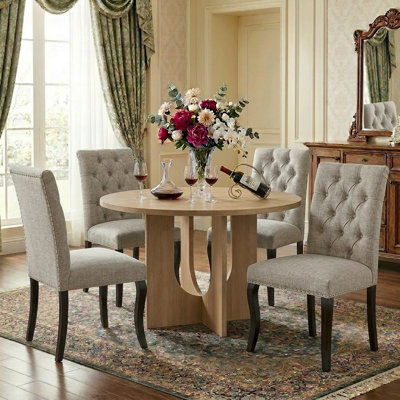 Mid-Century Modern Round Dining Table Set with 4 Tufted Chenille Chairs for Dining Room