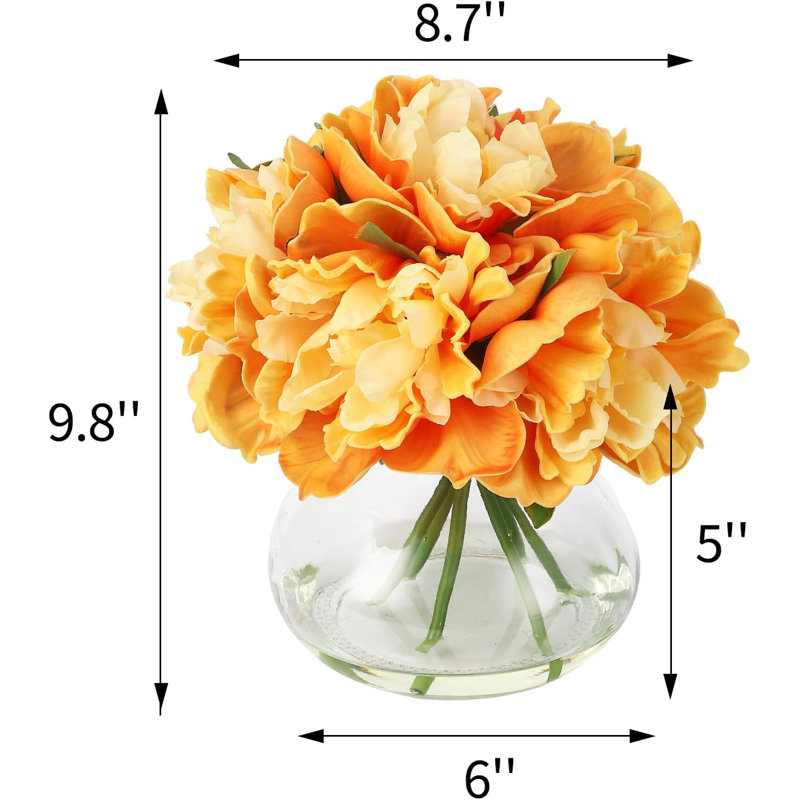 Orange Peonies Artificial Flowers with Glass Vase, Fake Flowers in Vase for Home Decor, Table Centerpieces, Bathroom Counter Deco