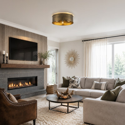 3-Light Vintage Gold Industrial Drum Flush Mount