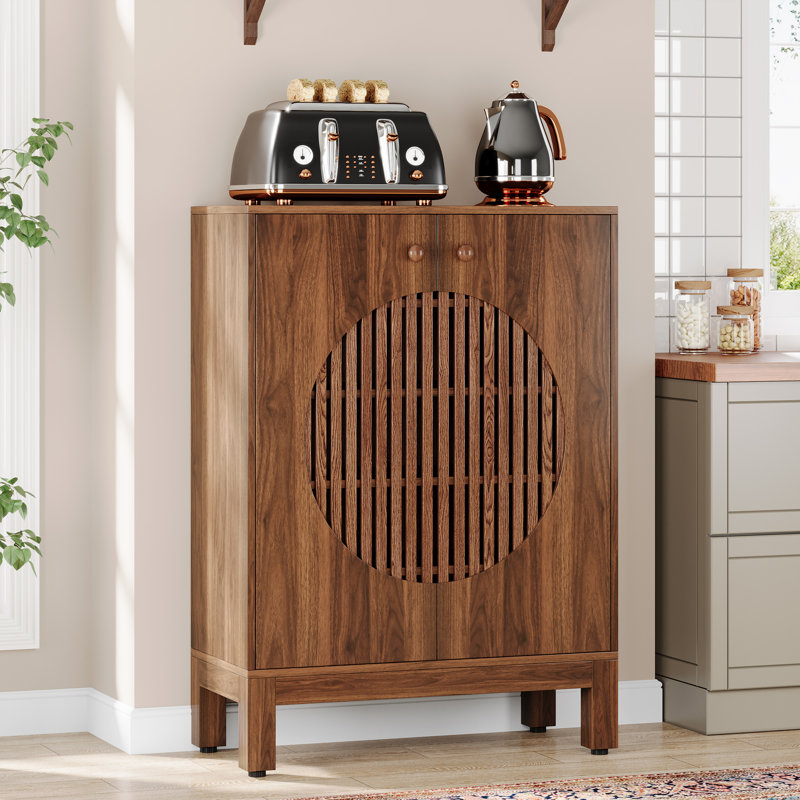 29" W Farmhouse Sideboard Buffet Cabinet With Louvered Doors, Brown