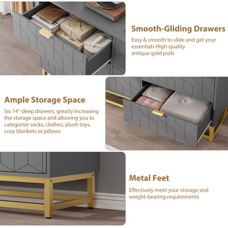 Black 6 Drawer Double Dresser,Modern Dresser for Bedroom with Gold Handles,Long Storage Organizer for Closet & TV Stand,Large Chest of Drawers for Living Room,Hallway,Entryway