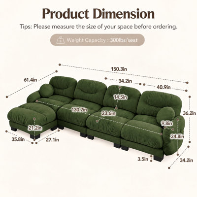 Canapé modulable 3 places en chenille plissée avec assise ergonomique en mousse, accoudoirs incurvés, 2 coussins décoratifs et pouf.
