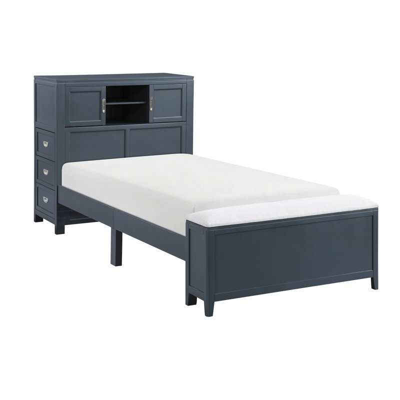 Finition bleu marine Lit plateforme avec bibliothèque et tête de lit avec tiroirs, bureau caché, tabouret, pied de lit, banc de rangement, mobilier de chambre à coucher, 1 pièce