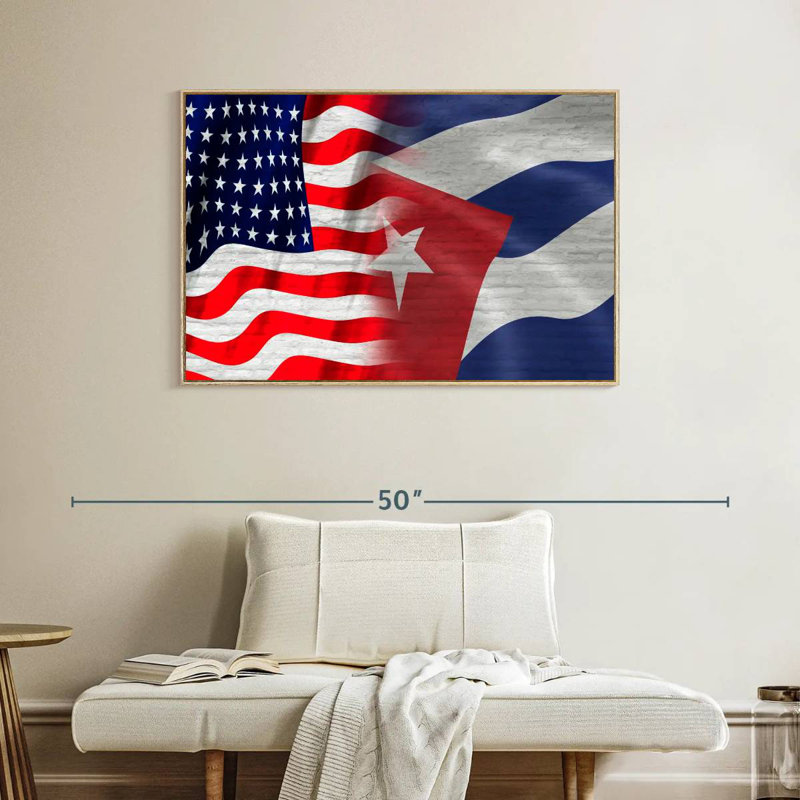 Drapeau américain et cubain, Cadre flottant en bois naturel, 40 po x 27 po