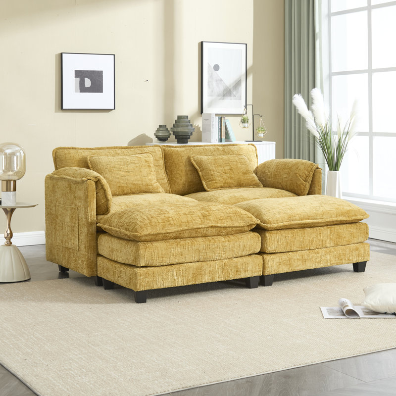 Détente deux en chenille jaune avec poches détachables, scintillantes et repose-pieds en tissu
