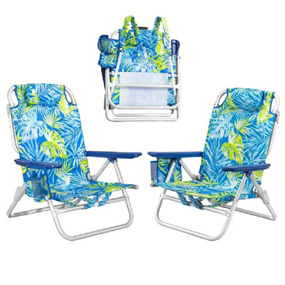 2 Packs Portable Backpack Beach Chairs For Adults - Folding Extra Wide Camping Chair - With Large Pockets And Cup Holder - Heavy Duty High Beach Chairs For Outdoor, Lawn, Trip, Picnic And Fishing