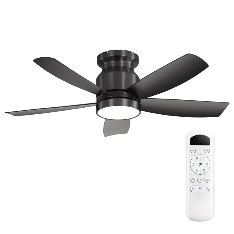 42 Inch Flush Mount Ceiling Fans With Led Light 22W And Remote Control 5 Abs Fan Blades For Bedroom Patio, Black