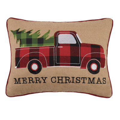 Burlap with Plaid Truck and Tree Applique Holiday Pillow