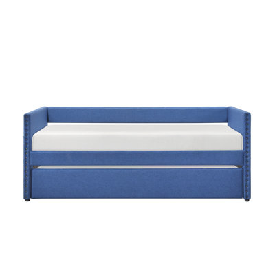 Modern Daybed Pull-out Trundle Side Pockets Blue Upholstery Nailhead Trim Bedroom Living Room Furniture 1pc