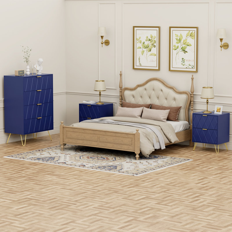 4 Drawer 23.6" W Chest With 2 Nightstand Bedroom Dresser Set, Blue