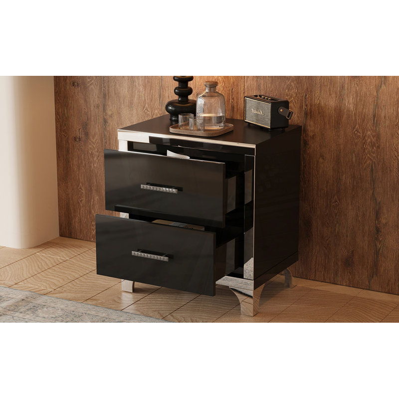 Table de chevet élégante à miroir avec 2 tiroirs, Noir
