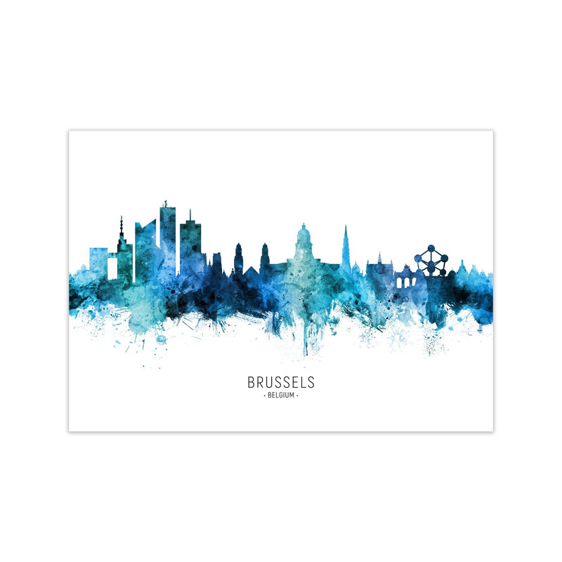 Brussels Belgium Skyline Blue City Name by Michael Tompsett - Print, Unframed, 42cm H x 59cm W x 1cm D