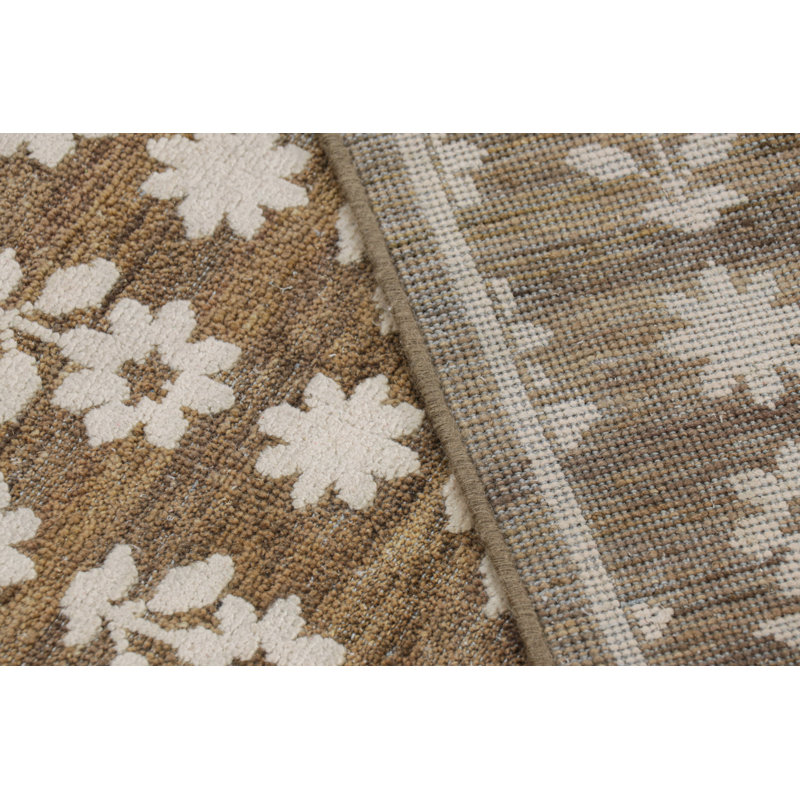 Rug & Kilim’S Modern Block Print Rug In Brown With White Floral Patterns, Square 4'