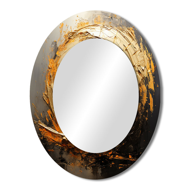 Spiral Vintage Gold Painting On Black I - Gold Oval Wall Mirror Decor, 43" x 33"