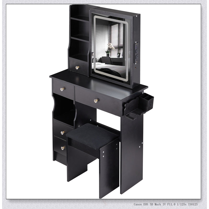 Compact Vanity Table With LED Mirror, Power Station, And Cushioned Stool For Small Bedrooms, Tri-Color Lighting, And Adjustable Brightness
