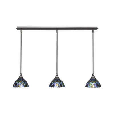 3 Light Stem Hung Linear Pendalier Shown With 7" Blue Mosaic Art Glass