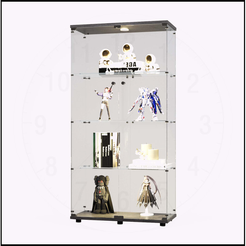 Élégante vitrine en verre à 4 tablettes avec lumières DEL et portes, Noir, noir, noir, noir