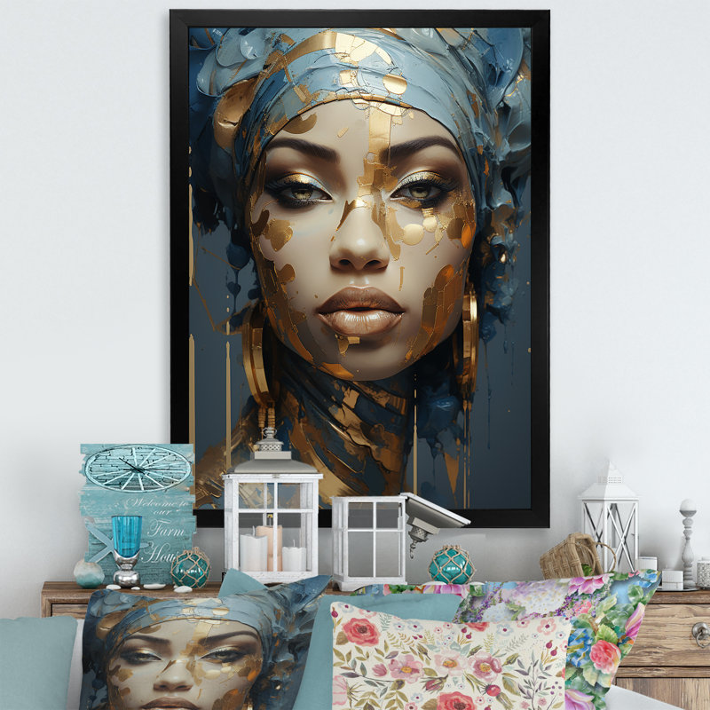 «Blue and Gold African Woman Portrait», art africain sur toile, H 44 po x l 34 po, Cadre photo unique, Noir