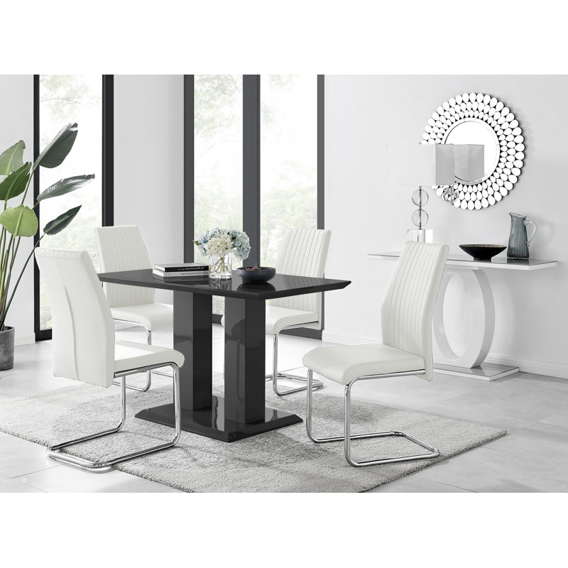 Edzard Double Pedestal High Gloss Dining Table Set with 4 Luxury Faux Leather Dining Chairs, Black, White