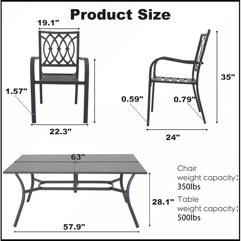 Ensemble de salle à manger d'extérieur 7 pièces : table 63 x 38 pouces, aspect bois, trou pour parasol, 6 chaises, capacité de charge : 159 kg