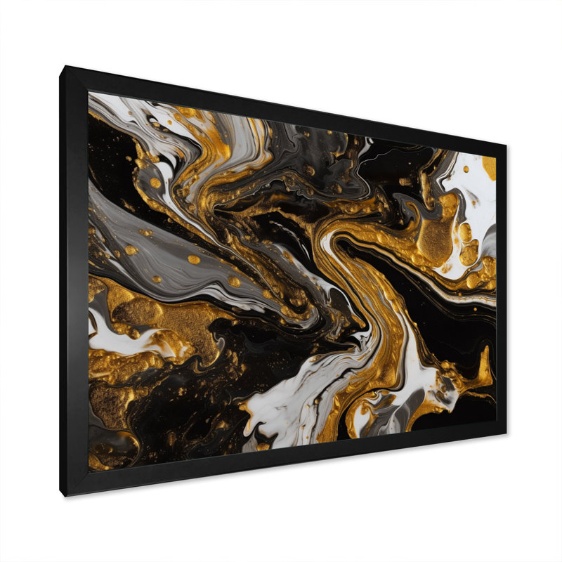Gold Black Marbled Dreamscape II " Gold Black Marbled Dreamscape II ", Black Single Picture Framed, 12" H x 20" W x 1" D