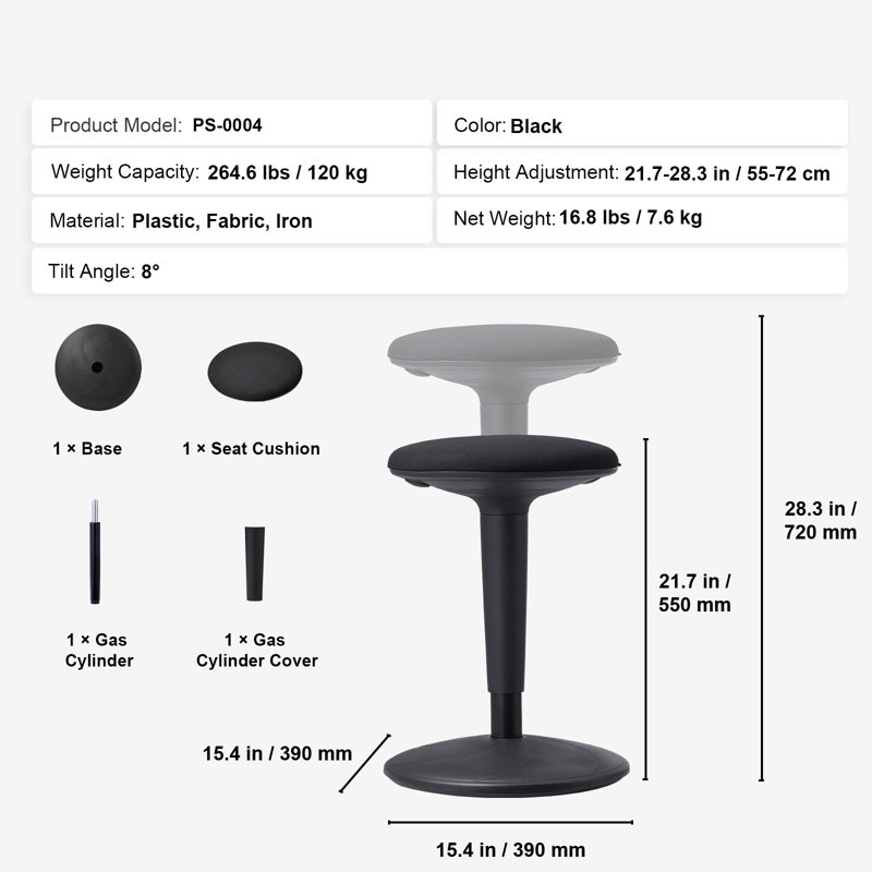 Fauteuil actif à hauteur réglable Wobble Chair (21,7-28,3 po), 12 à 18 ans, noir