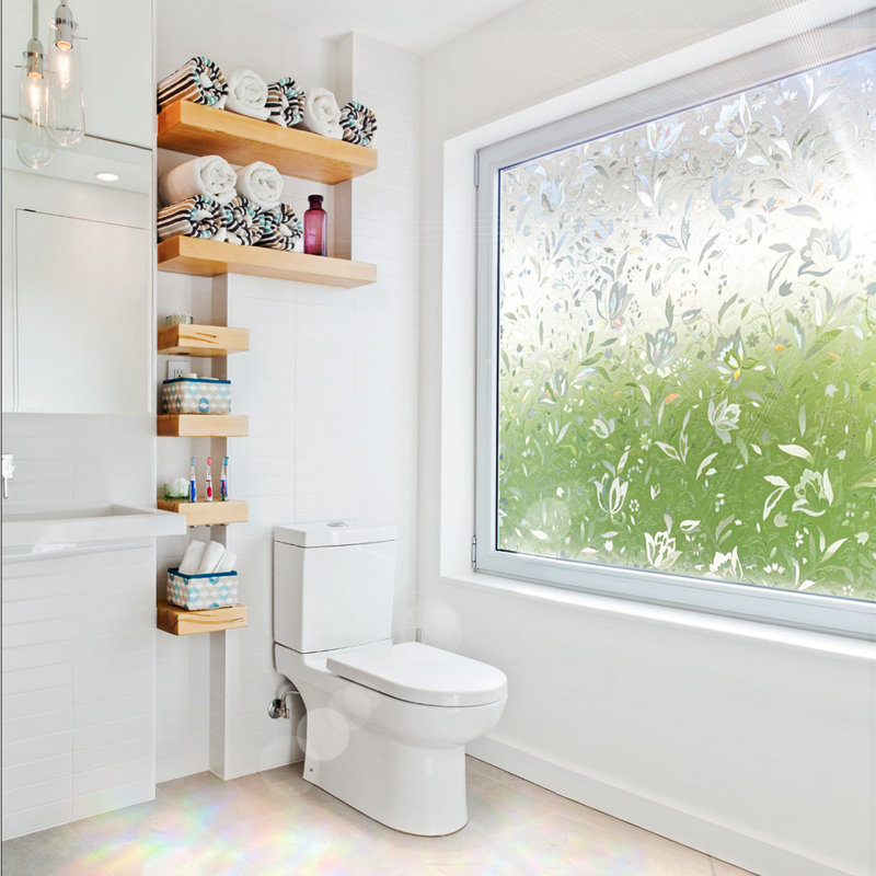 Film de fenêtre d'intimité à motif d'arc-en-ciel floral, anti-UV et anti-chaleur pour salle de bain, H 78,7 po x l 35,4 po