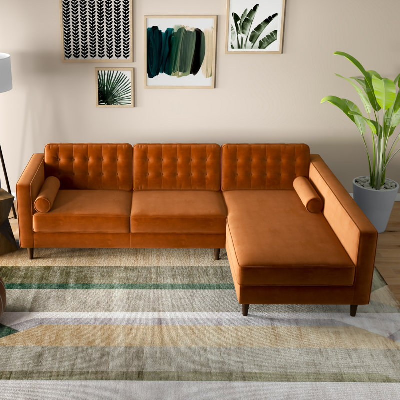 Threadgill Velvet L-Shaped Sectional, Orange Velvet, Right Hand Facing