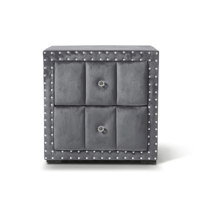 Gianni 2-Drawer Velvet Nightstand, Gray