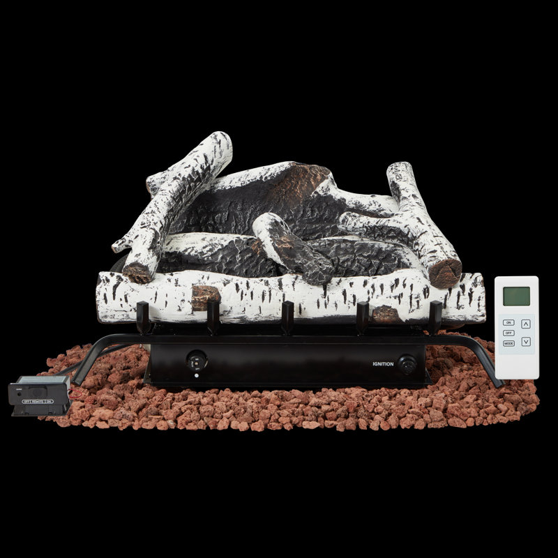 24-Inch Ventless Fireplace Logs Set for Natural Gas – Remote Control, 32,000 BTU, Made with Birch Wood, White, 1100