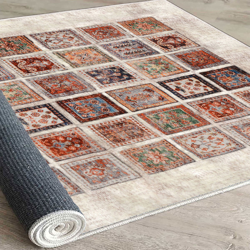Warenne Elegant Cotton Area Rug, 5.2 x 7.5 ft | 100% Cotton, 1200 g/m² | Pile Height: 0.4 in, Non-Slip PVC Underside, Antibacterial, Machine Washable | Cream, Orange, Tile Red, Green & Black | Perfect for Living Room & Bedroom