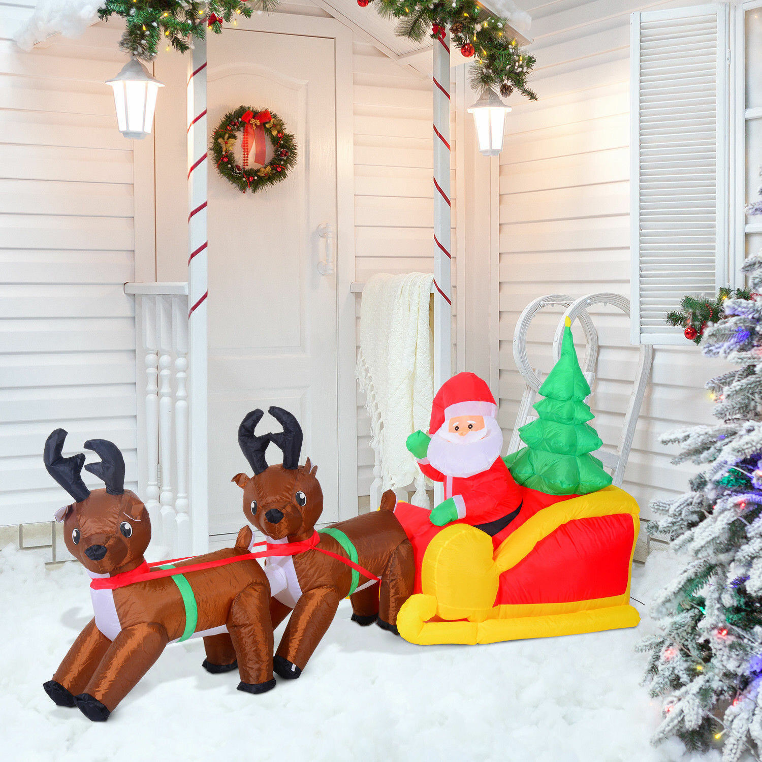 HomCom Inflatable LED Lit Christmas Santa and Reindeer Lawn Yard ...