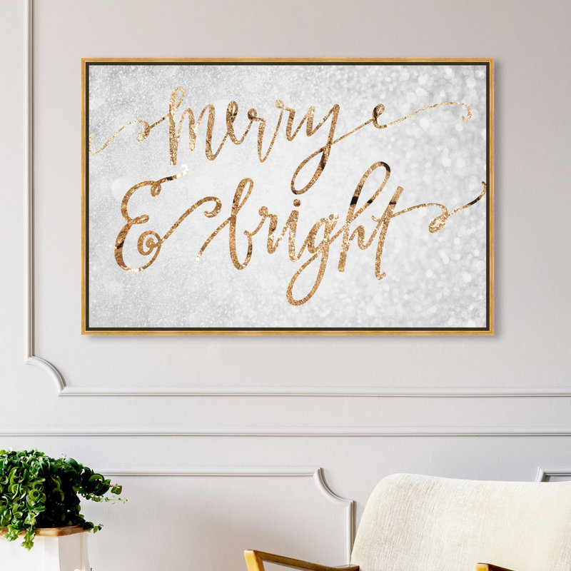 «Merry and Bright», reproduction d'art textuel sur toile tendue, L 45 po x H 30 po, Cadre doré